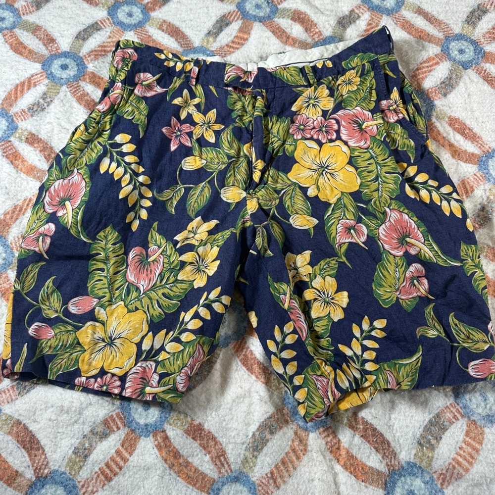 Vintage Polo Ralph Lauren Mens 38 Navy Blue Tropical Floral 100% Linen Shorts